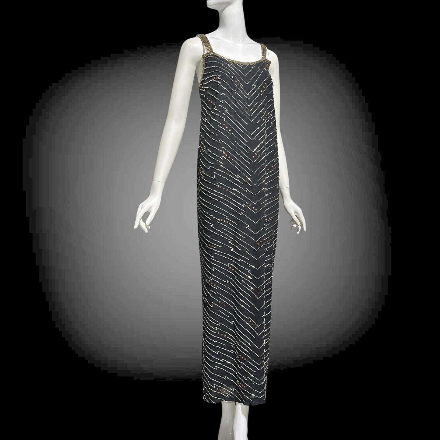 1980s Beaded Silk Sheath Gown: Vintage Black with silver and amber beading, Evening Dress