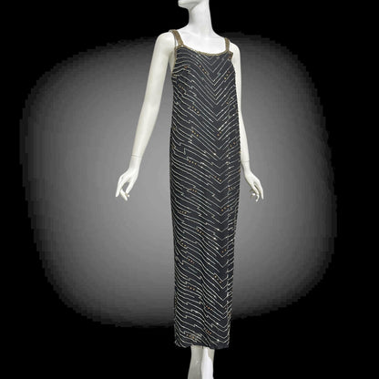 1980s Beaded Silk Sheath Gown: Vintage Black with silver and amber beading, Evening Dress