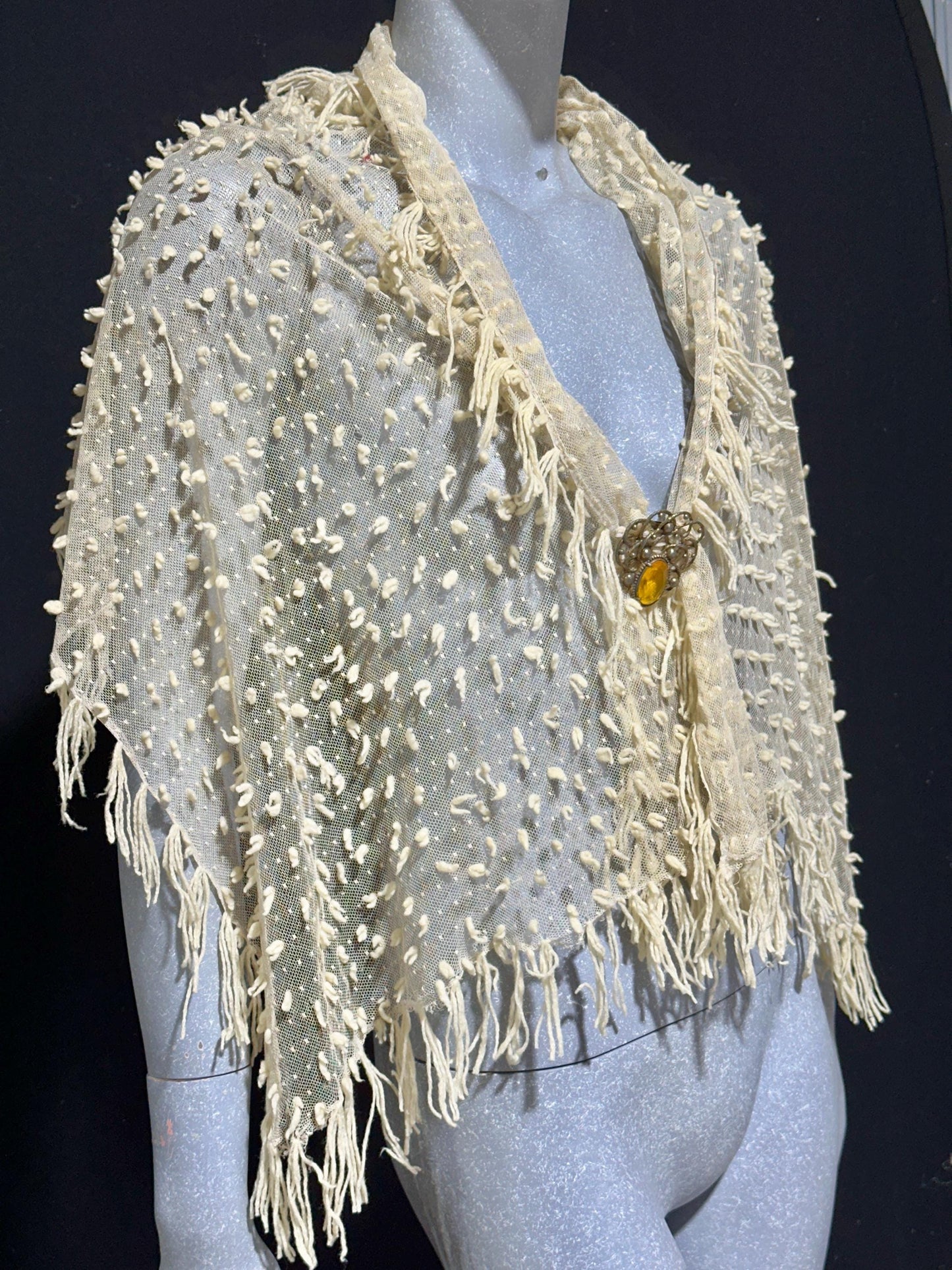 Victorian Edwardian fringed shawl scarf, Creamy White net and yarn Bridal Wrap