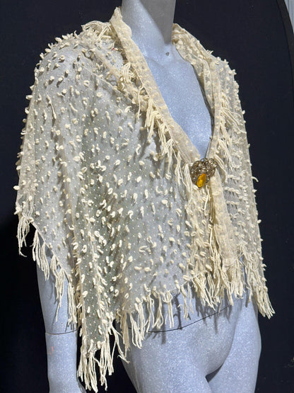 Victorian Edwardian fringed shawl scarf, Creamy White net and yarn Bridal Wrap