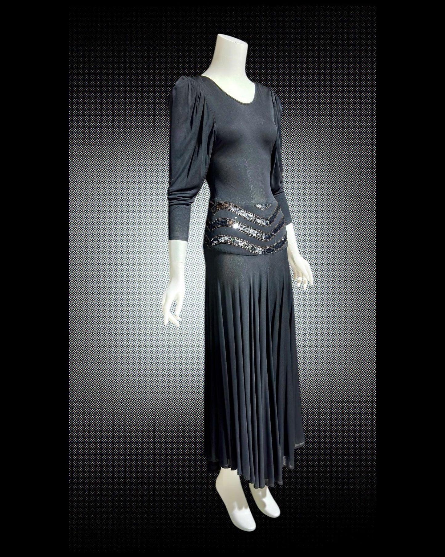 SAKS FIFTH AVENUE Made in England, 1970s evening dress, black jersey knit and sequins, 40s style dress