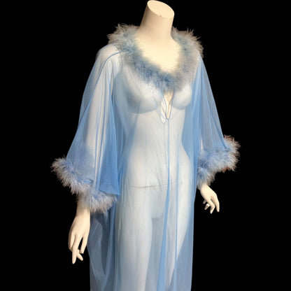 JENELLE of California, vintage 1960s nightgown caftan, Sheer blue nylon with marabou feathers, loose house dress lounging gown