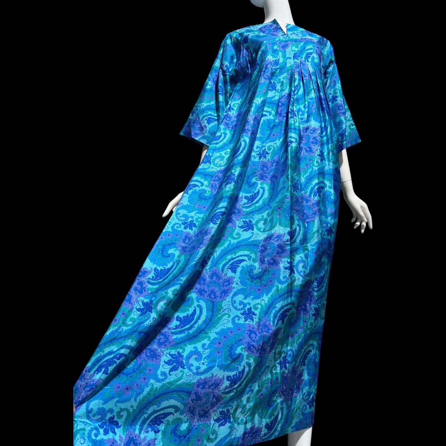 1970s vintage Thai Silk Caftan dress, JIM THOMPSON? blue and purple silk paisley Hippie Boho Dress