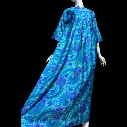 1970s vintage Thai Silk Caftan dress, JIM THOMPSON? blue and purple silk paisley Hippie Boho Dress