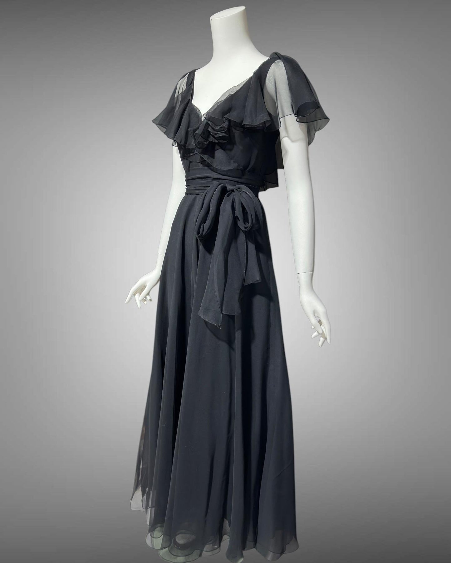 MOLLIE PARNIS vintage evening dress gown, 1970s black poly chiffon ruffled neckline scarf dress