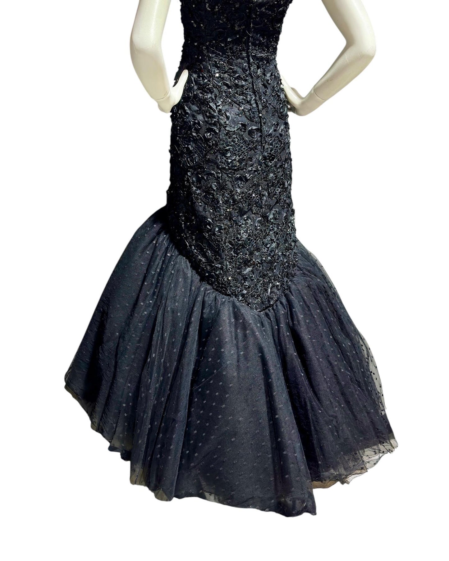 DAVID FIELDEN, vintage evening dress gown, 1980s Neiman Marcus, Black Mermaid sequin gown, Strapless