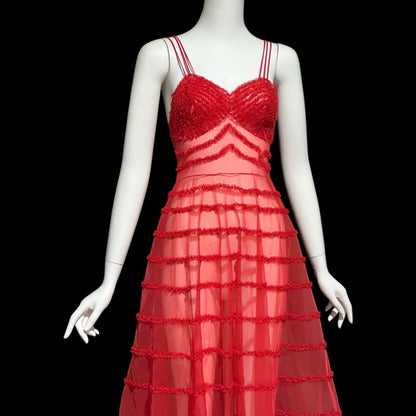1950s vintage nightgown slip dress, sheer nylon lipstick red ruffled twirling night dress