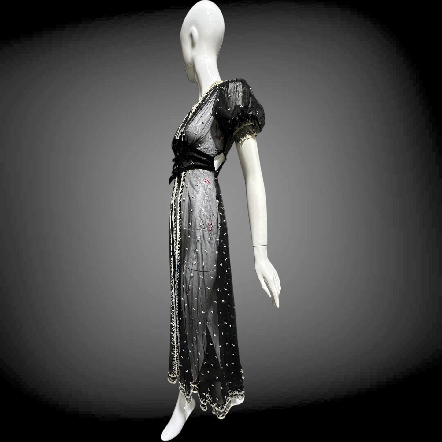 1930s Vintage Sheer Lace Evening Dress: Black embroidered babydoll Dress