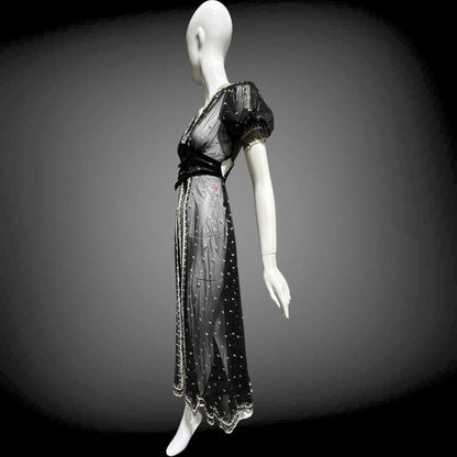 1930s Vintage Sheer Lace Evening Dress: Black embroidered babydoll Dress