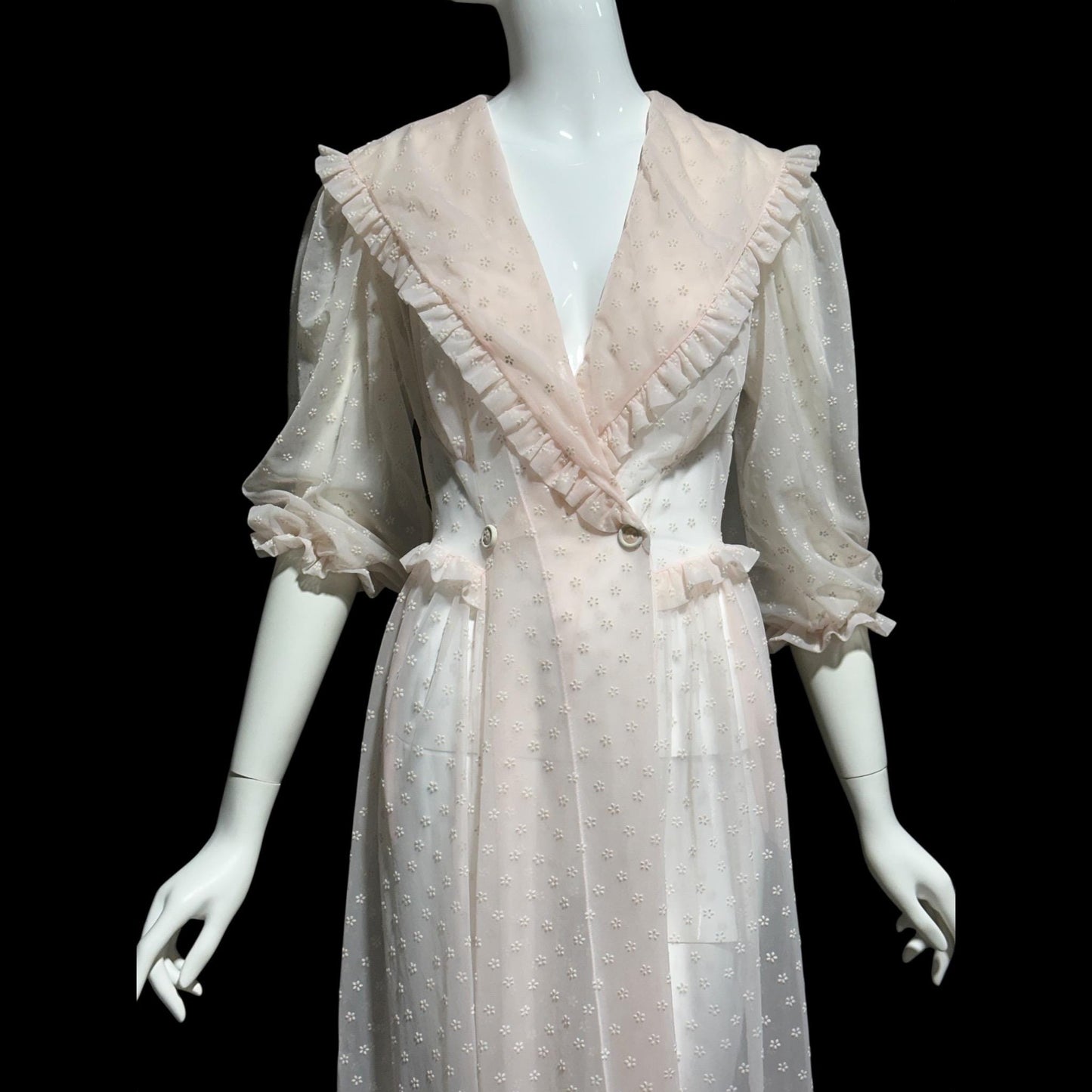 VANITY FAIR, 1940s Sheer Dressing Gown: Vintage Pink Flocked Robe, Wrap front