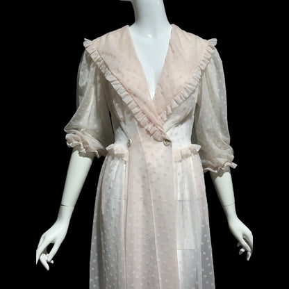 VANITY FAIR, 1940s Sheer Dressing Gown: Vintage Pink Flocked Robe, Wrap front
