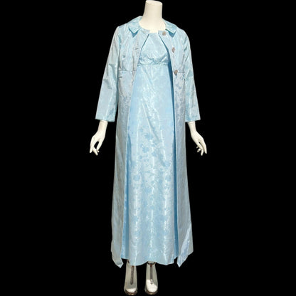 1960s Vintage evening gown and opera coat ensemble, baby blue damask custom mod column dress and duster set
