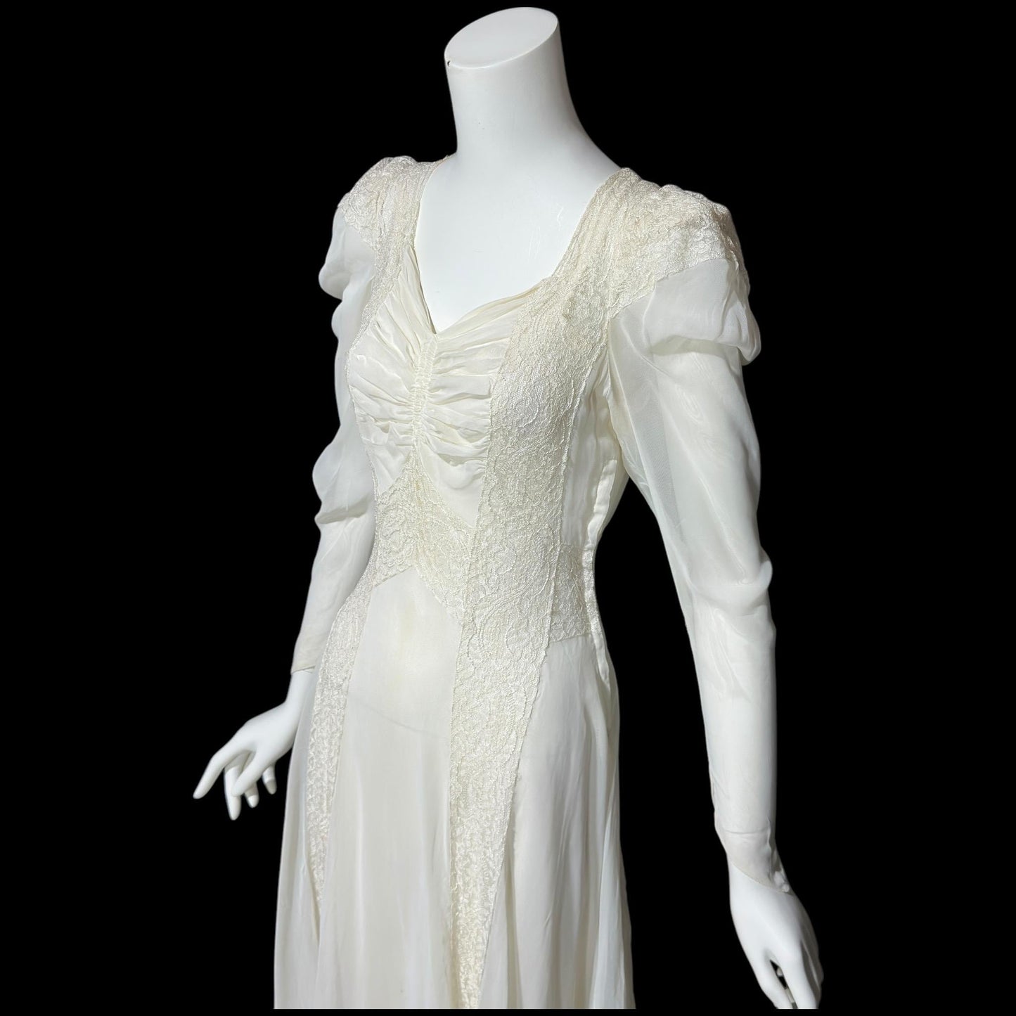 1940s vintage wedding dress, White sheer long sleeve sheath slip gown with train and slip