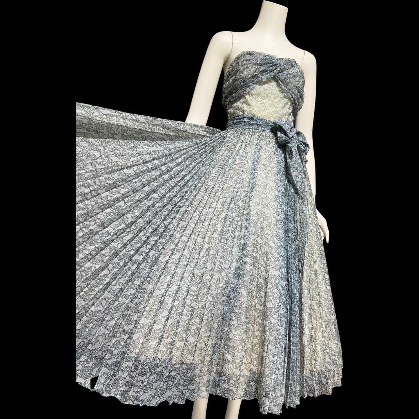 1950s vintage Pleated Party Dress: Slate Blue Grey floral strapless Cocktail Prom Dress
