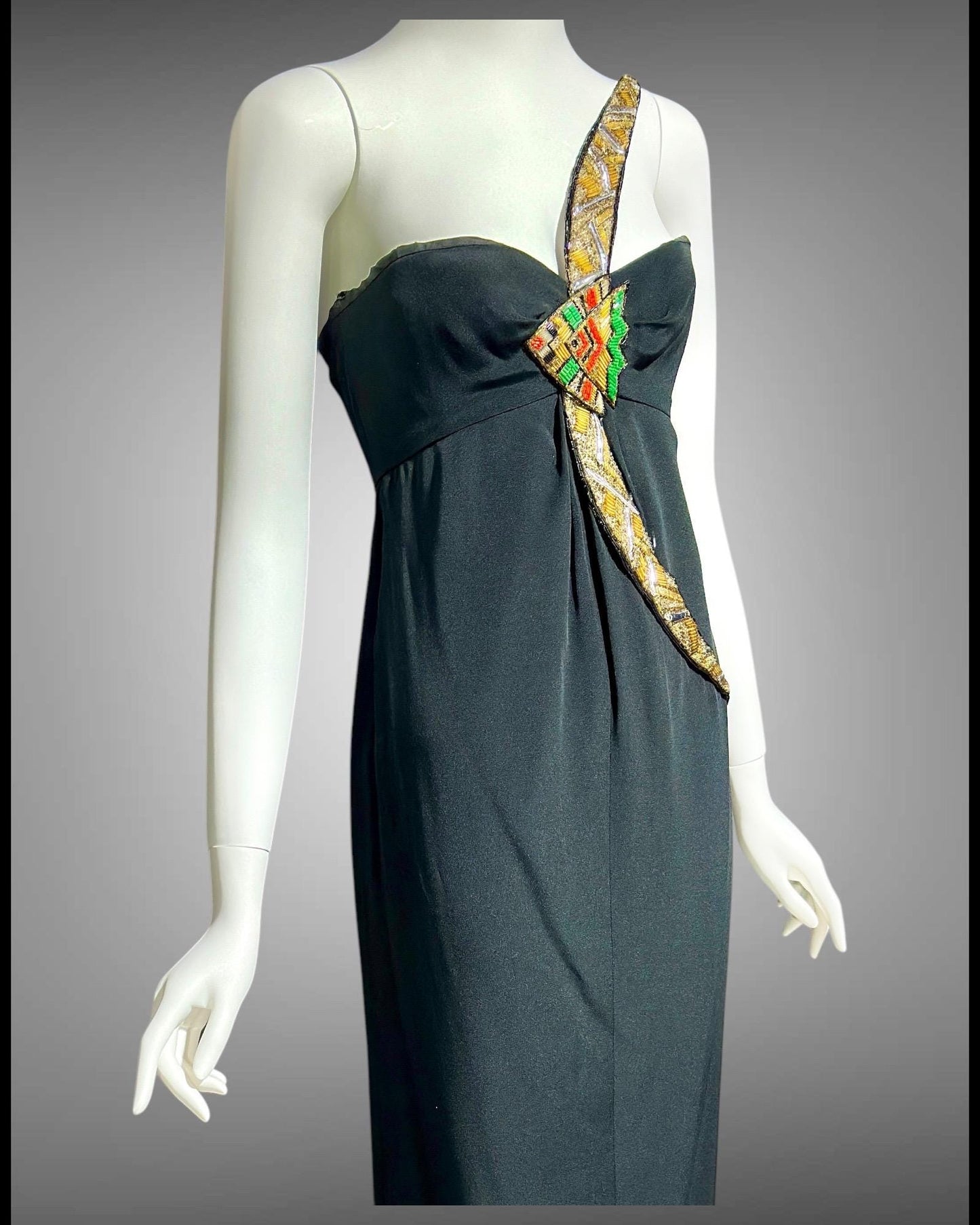 BERNARD PERRIS, vintage 1980s evening dress, black silk beaded one shoulder sheath column gown