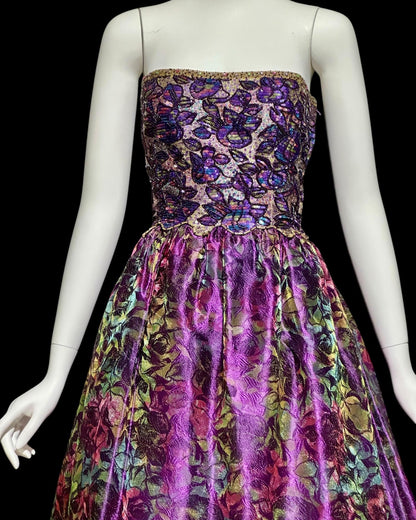 MARY MCFADDEN COUTURE, vintage 1980s evening dress, Saks Fifth Avenue Purple beaded floral ball gown