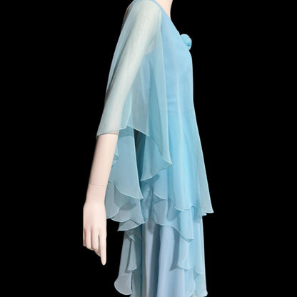 1960s vintage evening dress, turquoise blue poly chiffon scarf cape dress gown