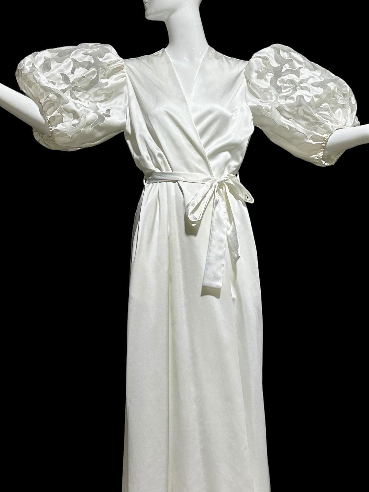 GEORGETTE TRABOLSI, 1980s Vintage dressing gown, White bridal peignoir robe, cutout puffed sleeves