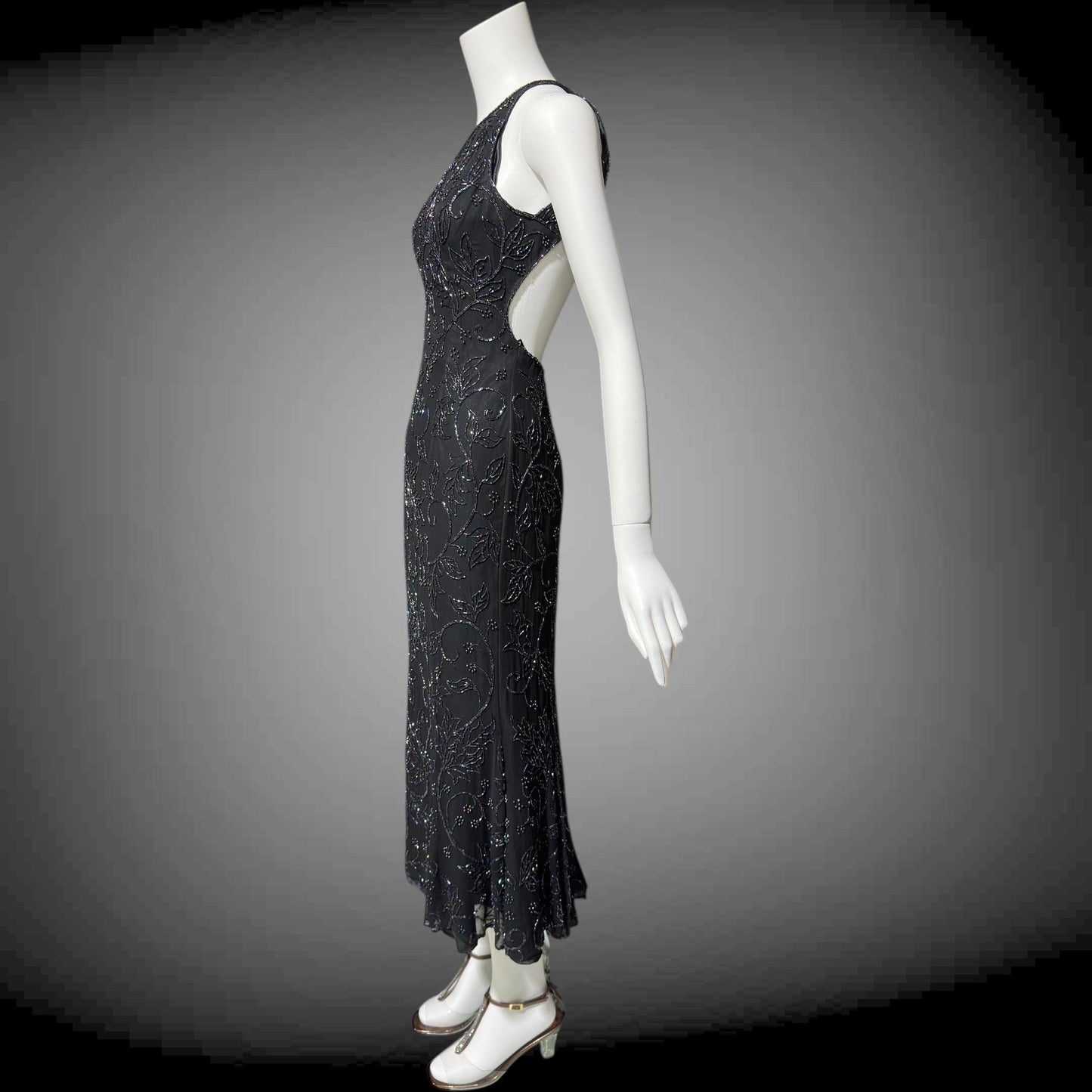 CACHE vintage 1990s evening dress, Bodycon black beaded racer back sheath slip dress, backless cocktail party dress