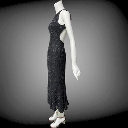 CACHE vintage 1990s evening dress, Bodycon black beaded racer back sheath slip dress, backless cocktail party dress