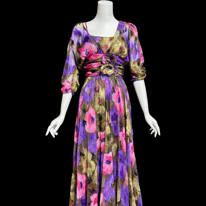 FRANK USHER LONDON, vintage 1980s evening dress, jewel tone floral chiffon with gold metallic