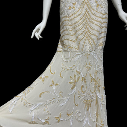 EVA HAYNAL FORSYTH, Vintage 1990s evening wedding dress, off white beaded sequins mermaid sheath slip dress gown