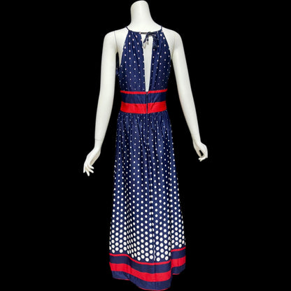1970s vintage maxi dress, Navy blue and white polka dots, red stripes, halter casual summer party long 4th of July sundress