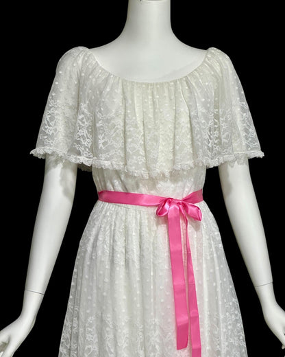 RICHILENE New York, vintage 1970s evening dress, white lace ruffle collar wedding gown