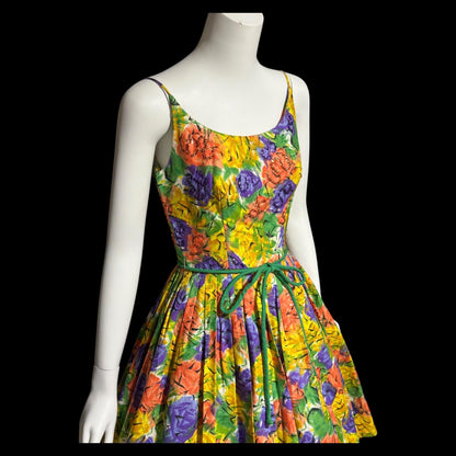 1950s vintage Dress, Floral Cotton Pinup Sundress, Pleated full skirt with sequins
