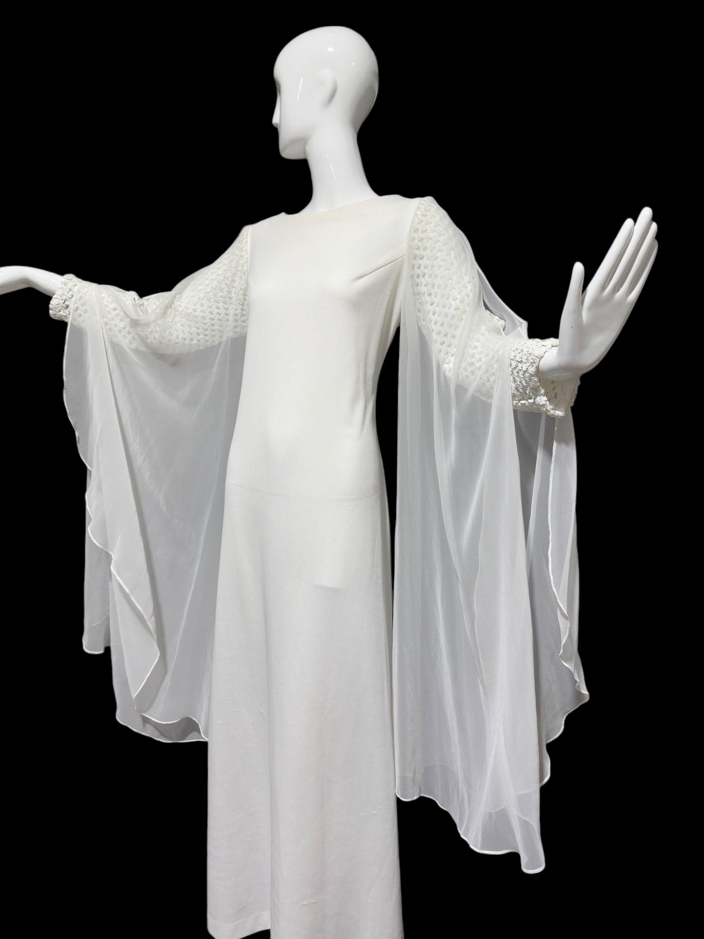 MELINDA vintage evening gown, white jersey knit poly chiffon angel sleeve dress, Medium 38 bust