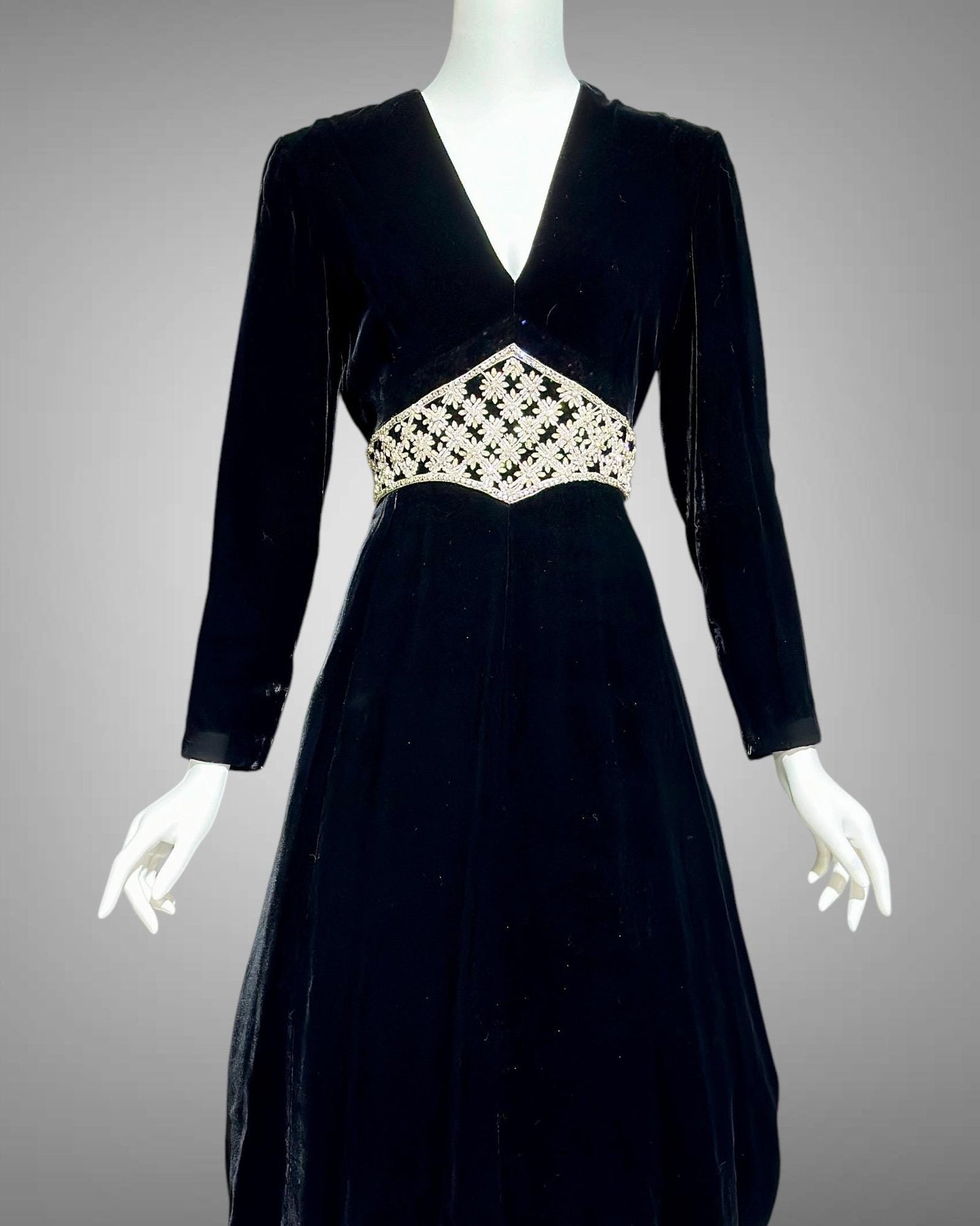 MOLLIE PARNIS for SAKS black velvet cocktail dress, 1960s Rhinestone encrusted waist