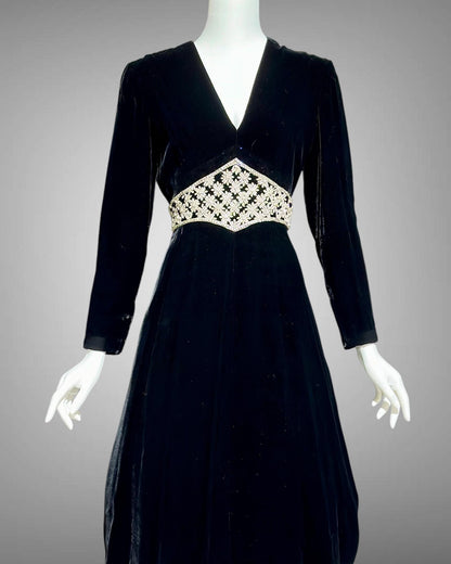 MOLLIE PARNIS for SAKS black velvet cocktail party dress, 1960s Rhinestone encrusted waist