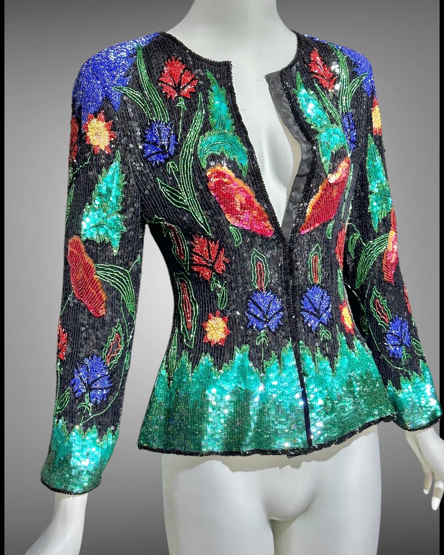 1980s vintage Evening jacket, vibrant jewel tone sequins princess cut elegant cocktail party jacket blouse top