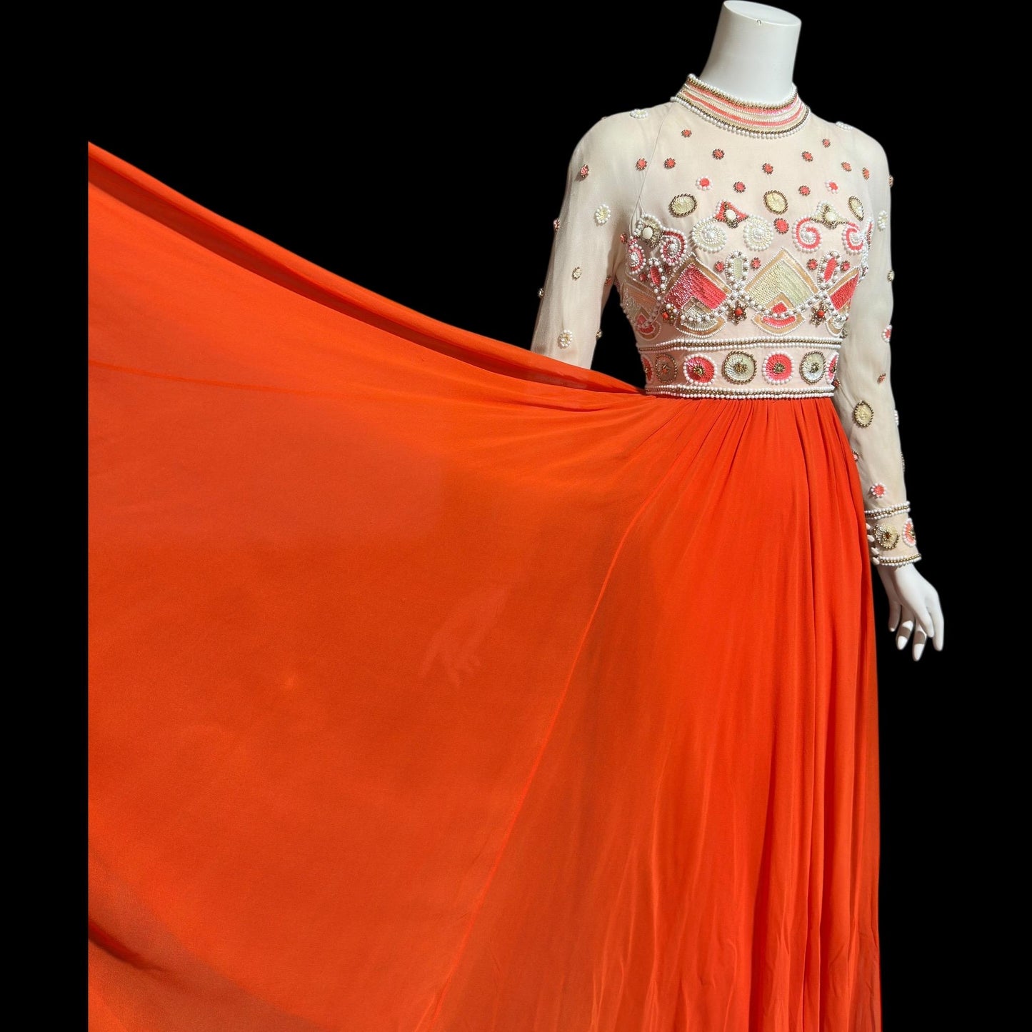 DARNELL OF LONDON, vintage 1960s evening dress, Orange beaded chiffon gown