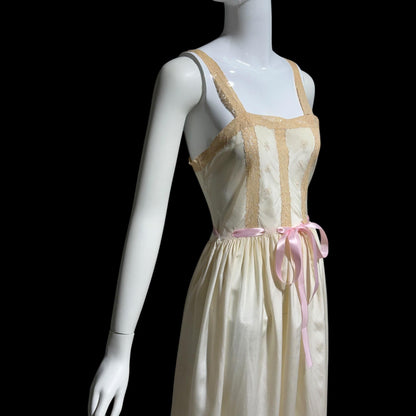 VERONICA vintage 1940s Silk Nightgown slip dress, Hand Made Pure Silk embroidered lace slip dress