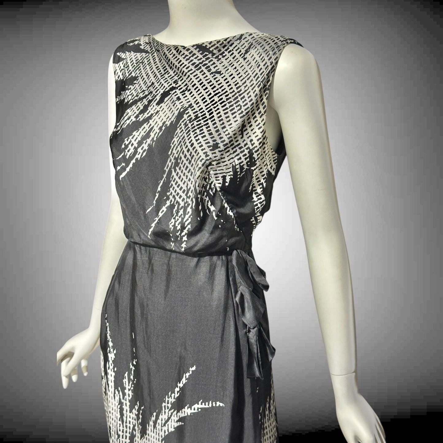 HELENA BARBIERI, vintage 1950s cocktail dress, Black and white silk wiggle dinner dress