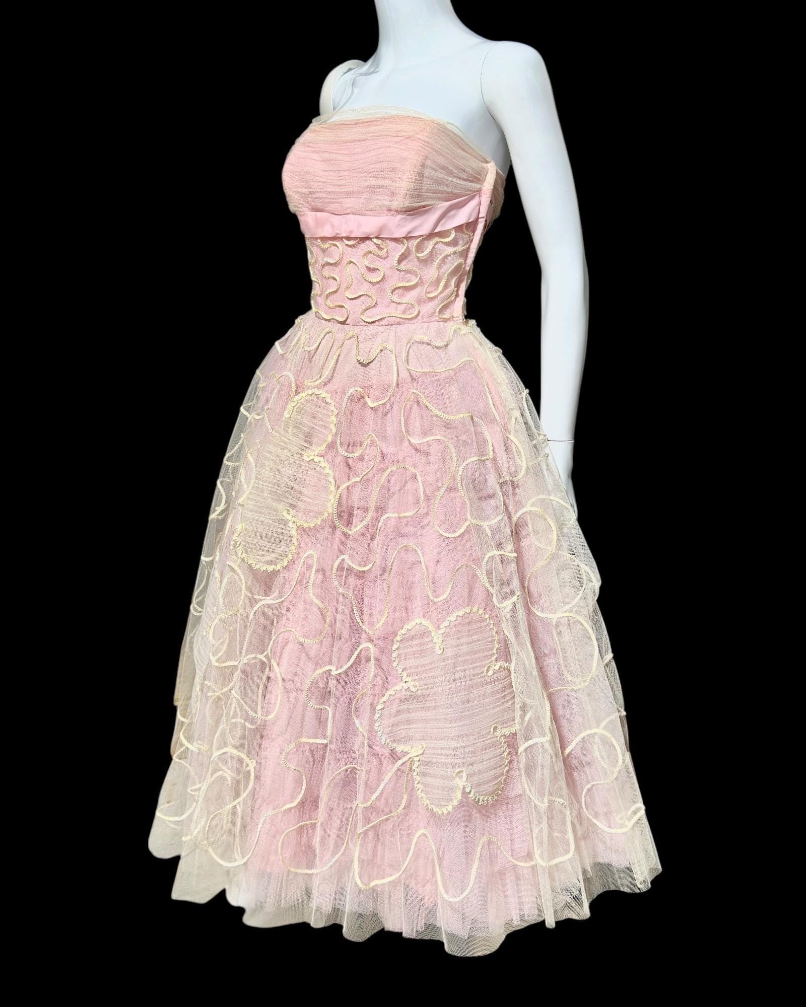 WILL STEINMAN, vintage 1950s prom dress, Pink tulle and sequins, cupcake meringue tea length gown