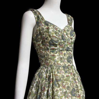 JD JUNIOR ACCENT, vintage 1940s dress, Bombshell Cocktail party sundress, Shelf bust dress, Green paisley rhinestone pinup dress