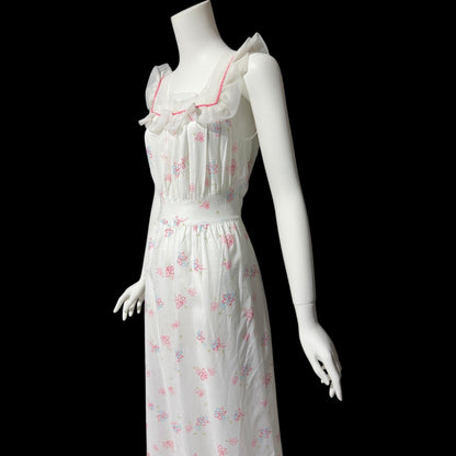 PHIL-MAID, vintage 1940s nightgown, pink blue white floral cone-bell combed cotton house dress, New Old stock