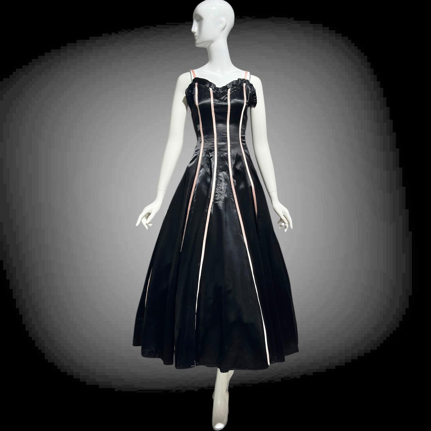 1940s vintage Evening Ball Gown: Black Shiny Satin full sweep formal dress with pink ribbon stripes