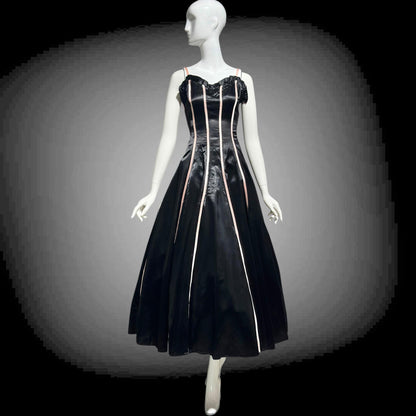 1940s vintage Evening Ball Gown: Black Shiny Satin full sweep formal dress with pink ribbon stripes