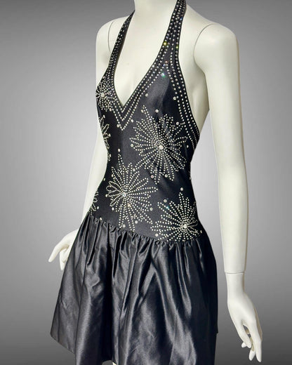 1980s vintage cocktail dress, stretchy black halter top with bubble mini skirt party dress