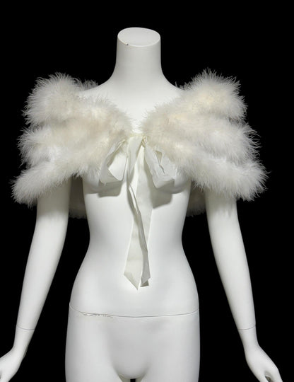 1980s Vintage marabou feather stole, Snowy white short wedding evening capelet shoulder wrap