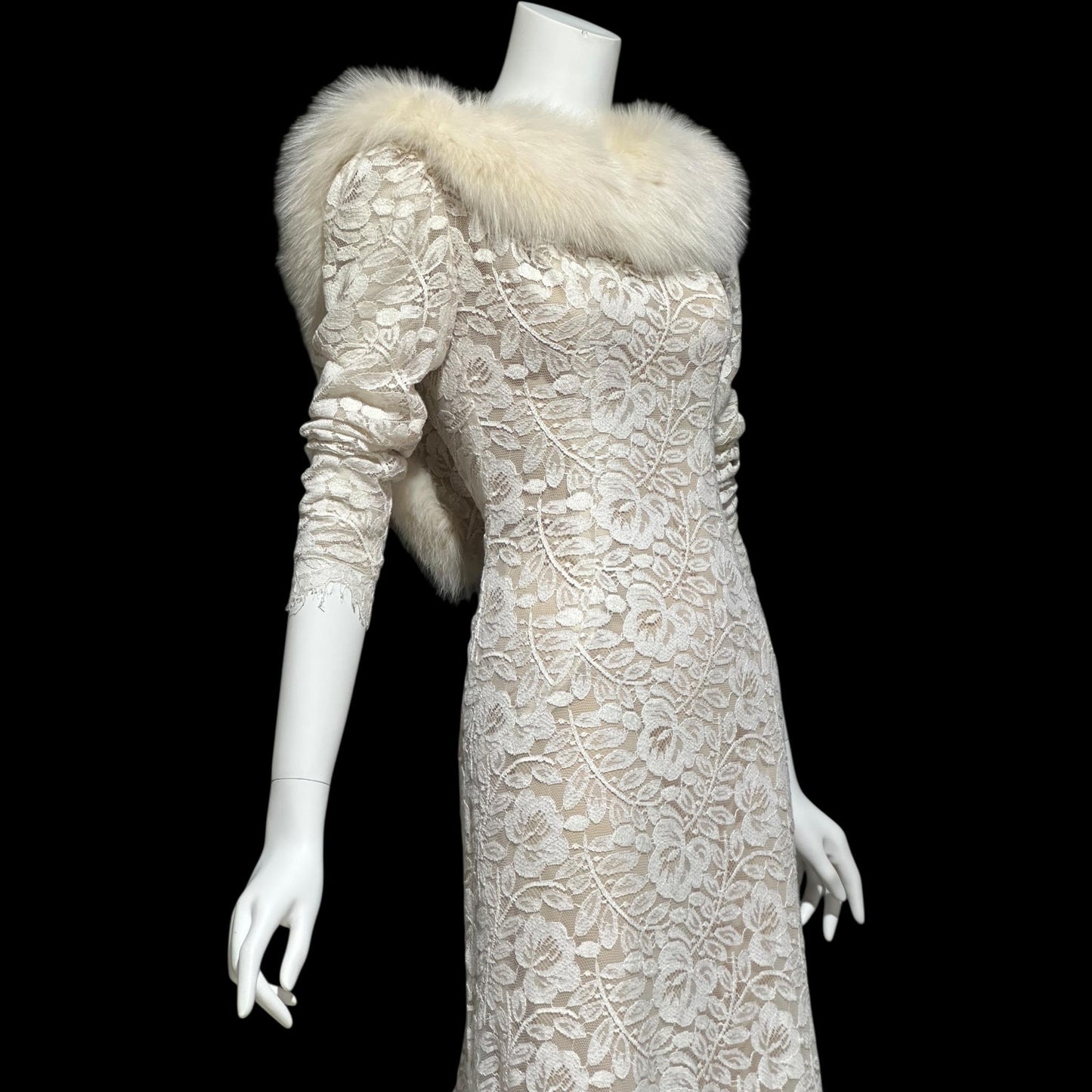 PAT RICHARDS Michael Maiello, vintage 1980s evening dress, white lace & fox collar dynasty glam gown