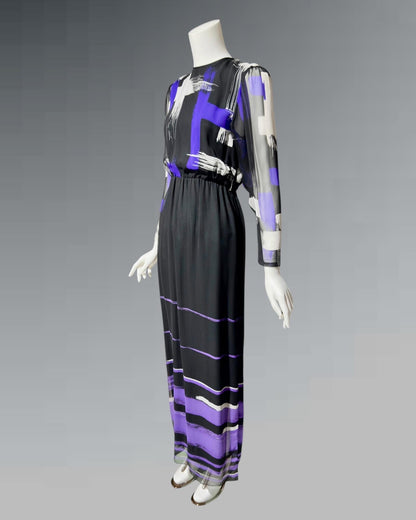 HANAE MORI for MARTHA Palm Beach, vintage 1970s chiffon evening gown, black and purple sheer blouson