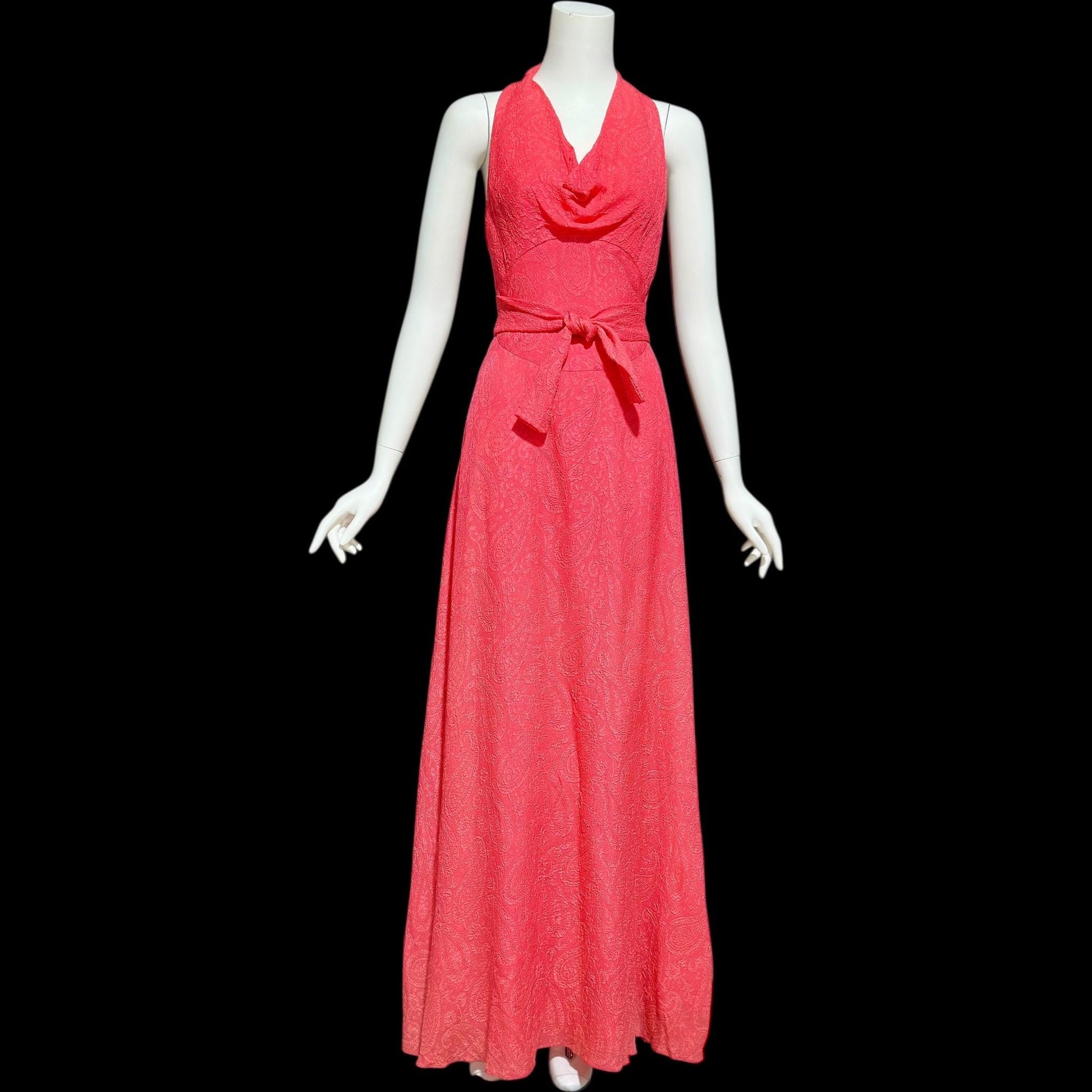 ESTEVEZ Vintage evening dress, 1970s Salmon Coral embossed paisley full length halter gown ESTEVEZ Vintage evening dress, 1970s Salmon Coral embossed paisley full length halter gown