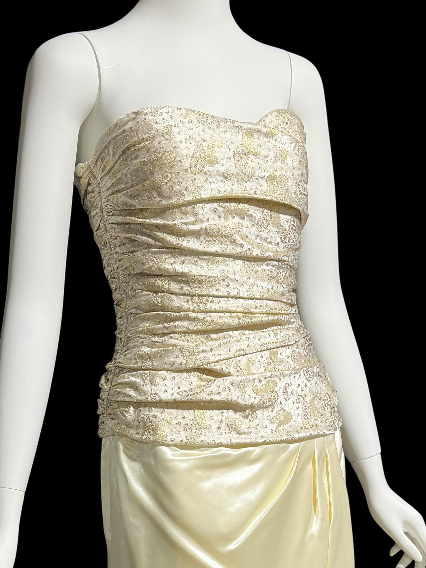 1950s vintage evening dress, Very Marilyn Monroe, Creamy satin with Gold metallic, faux wrap skirt ruched bodice