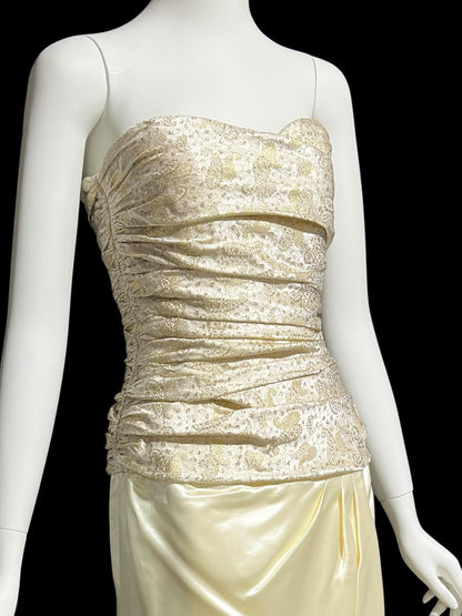 1950s vintage evening dress, Very Marilyn Monroe, Creamy satin with Gold metallic