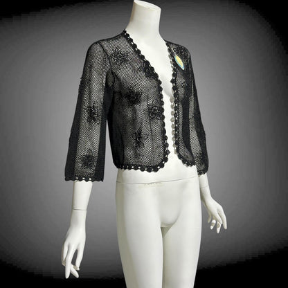 1950s vintage crochet cardigan, black 100% cotton Hand Made Shanghai cropped sweater