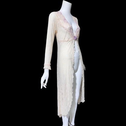 CLAIRE PETTIBONE, wedding coat robe, sheer nylon lace high low dressing gown